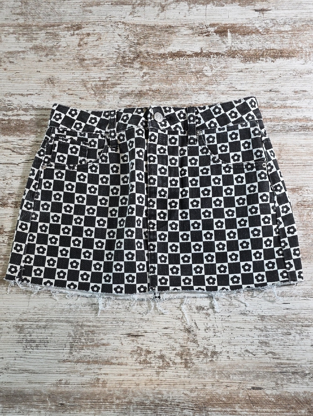 Pacsun Denim Mini Skirt Size 24 Black White Frayed